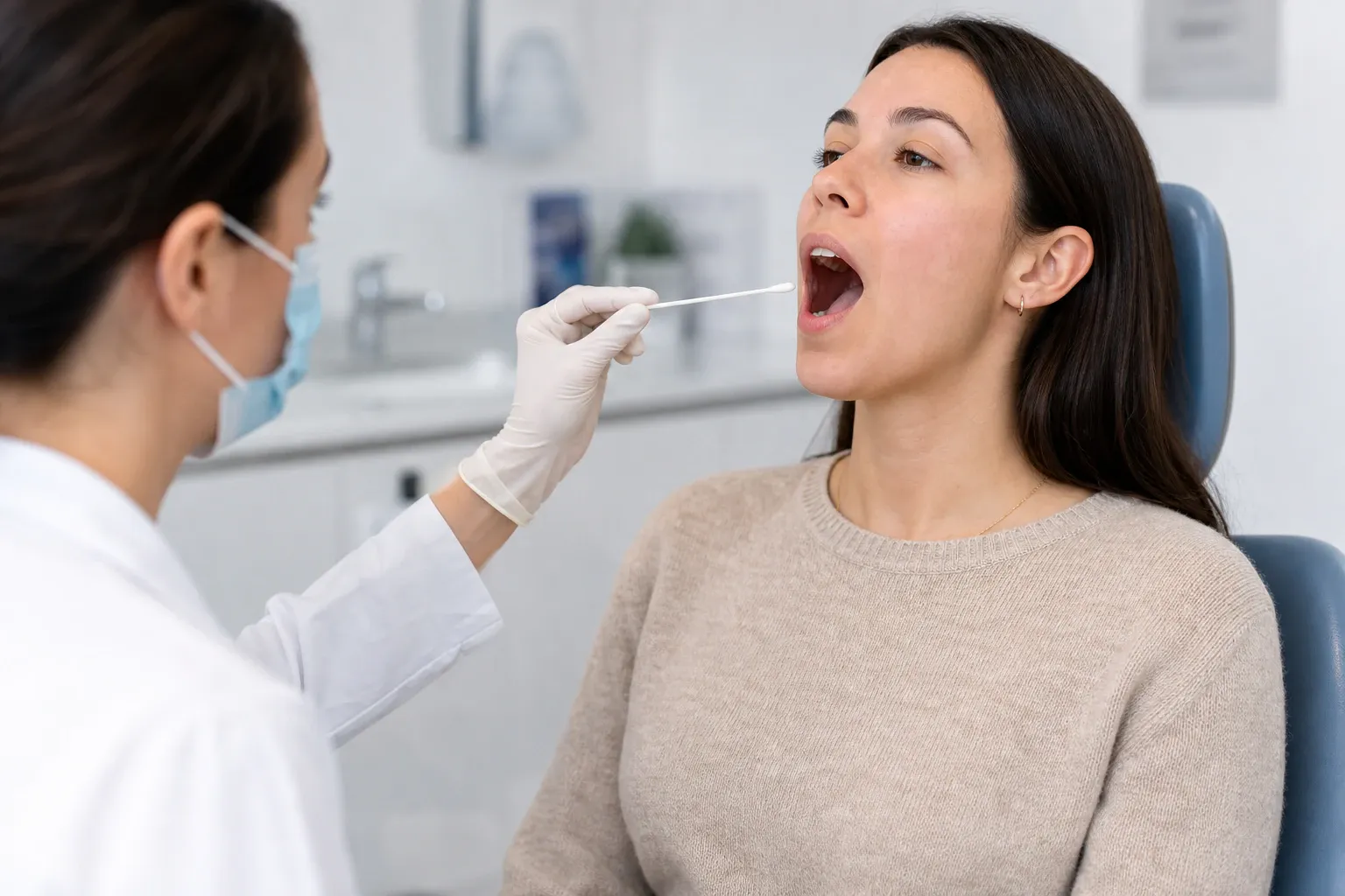 Cropped view of doctor holding swab near patient with open mouth nm 1274
