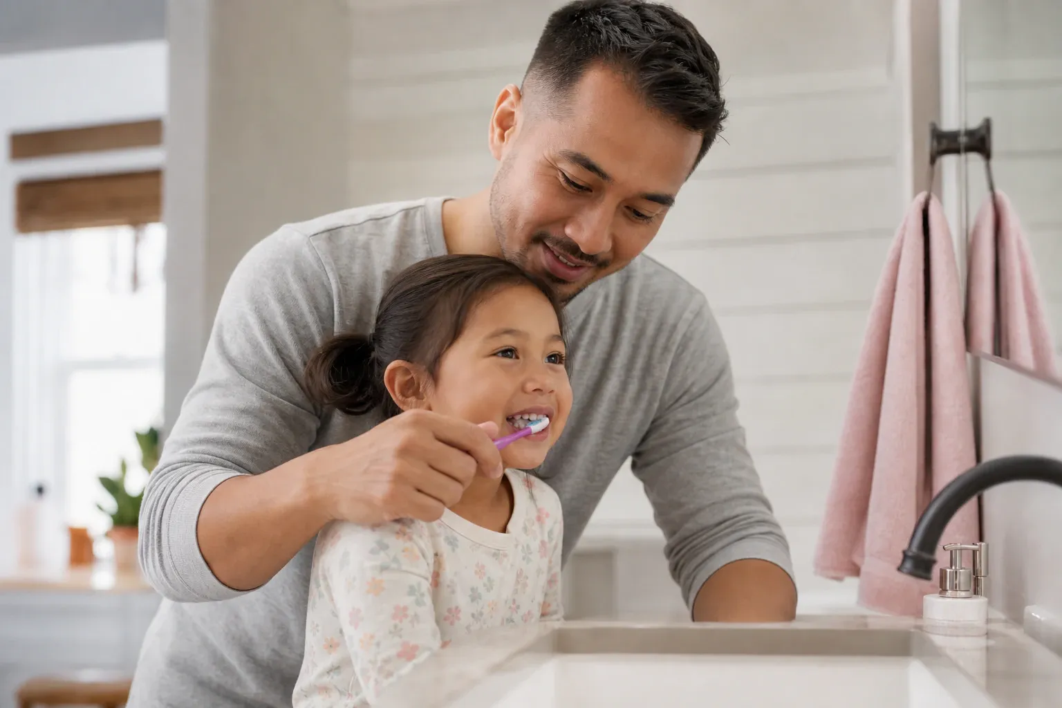 Mom helping daughter brush teeth nm 0483